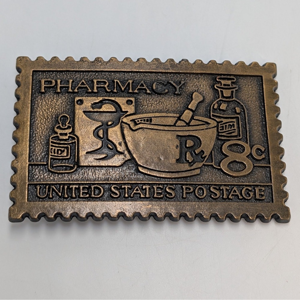 Vintage Pharmacy US Postage Stamp 8c Brass Tone Belt Buckle Medical Apothecary